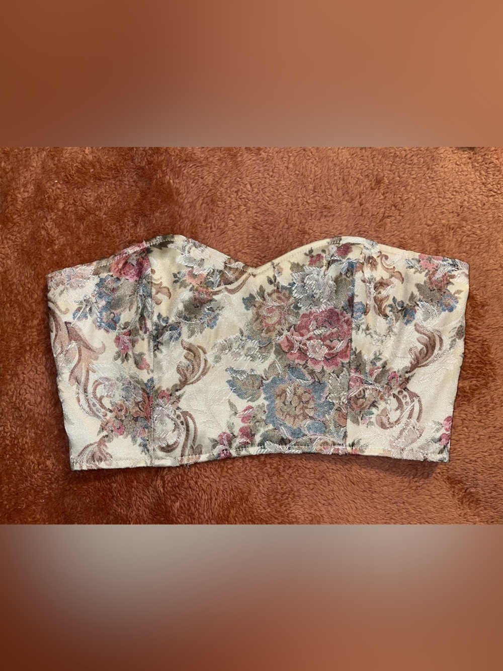 Floral Brocade Strapless Bandeau Top in Cream with Rose and Blue Accents